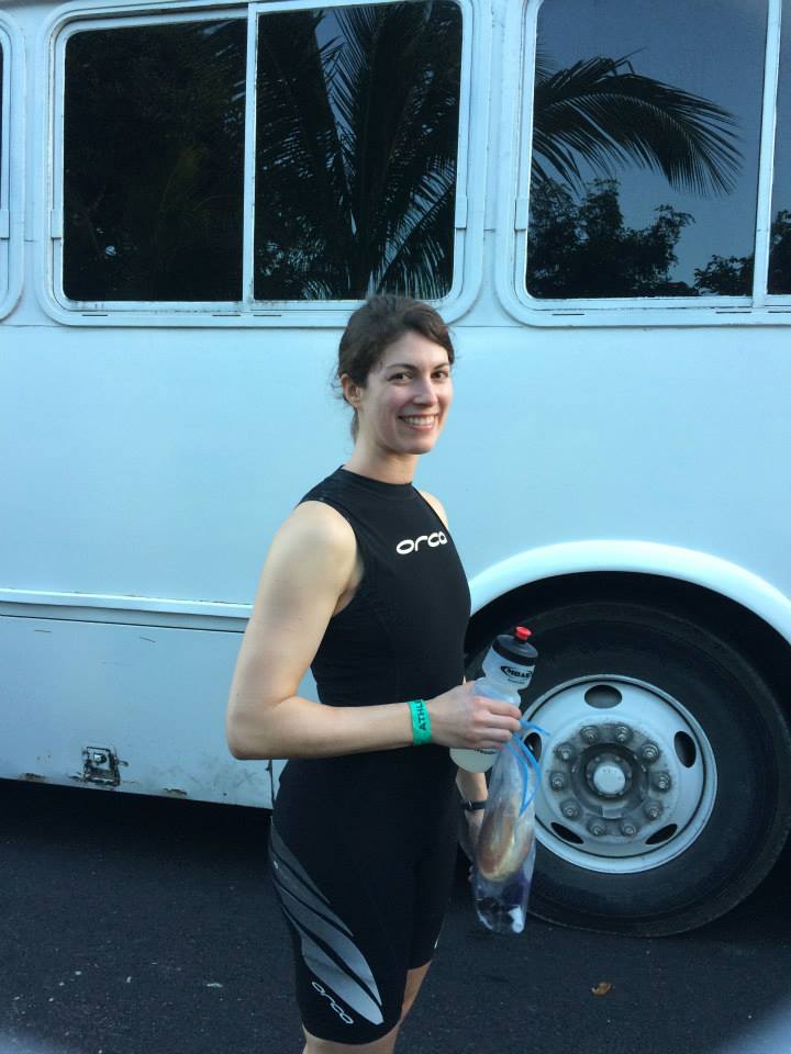 Boarding the bus to the swim start.